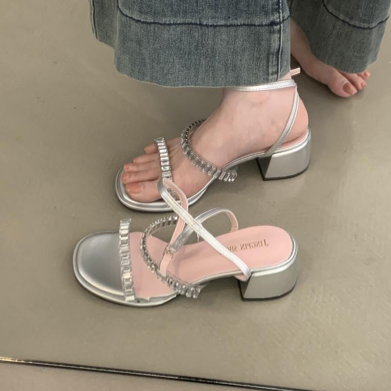 Fashion Women's Summer Gladiator Sandals Fashionable Crystal Narrow Band Footwear Ladies Thick Heel Sandalias