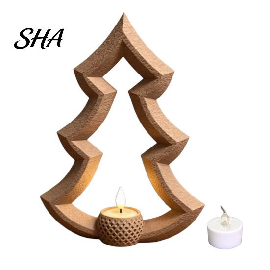 Unique Holiday Gift for Friends Christmas Tree Tea Light Candle Holder, 3D Printed Hollow Wood Elegant Shadow Tabletop Ornament Party Home Decor,