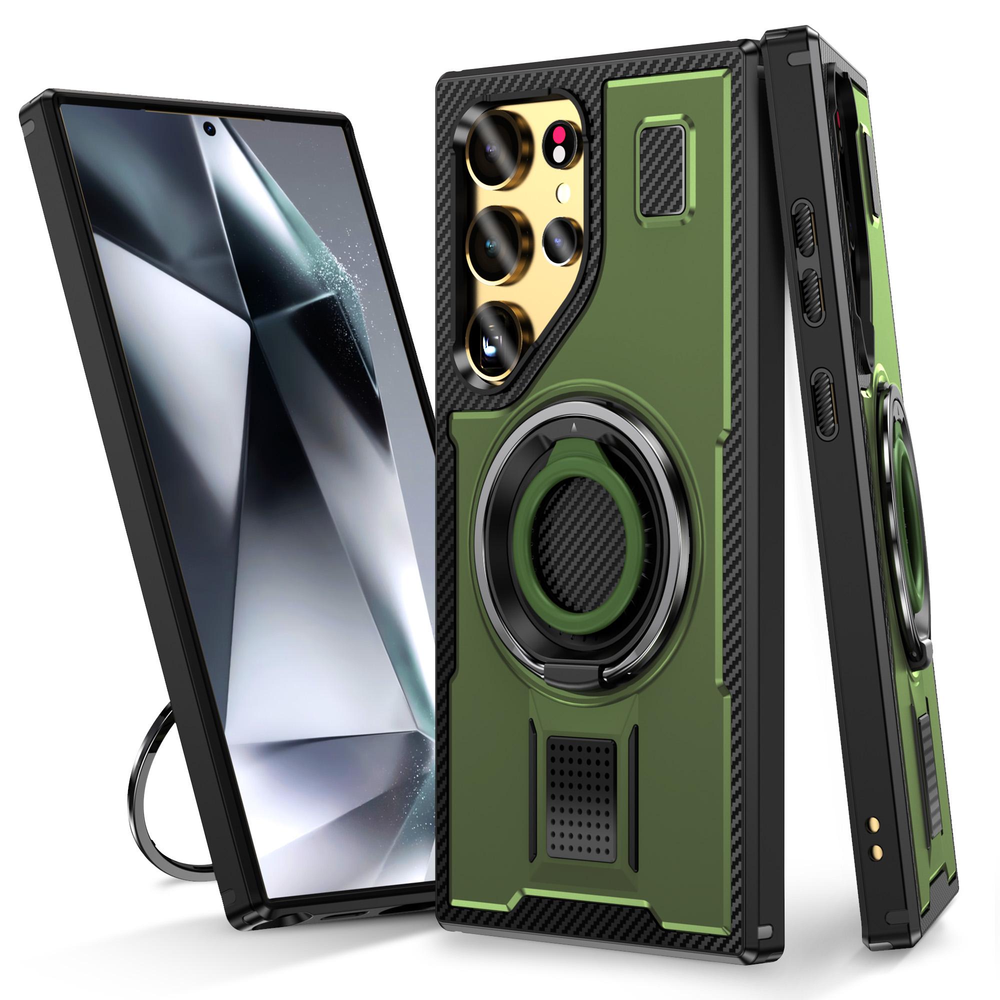 

For Samsung Galaxy S25 Ultra Case TPU+PC Kickstand Phone Cover with Silicone Finger Strap Army Green