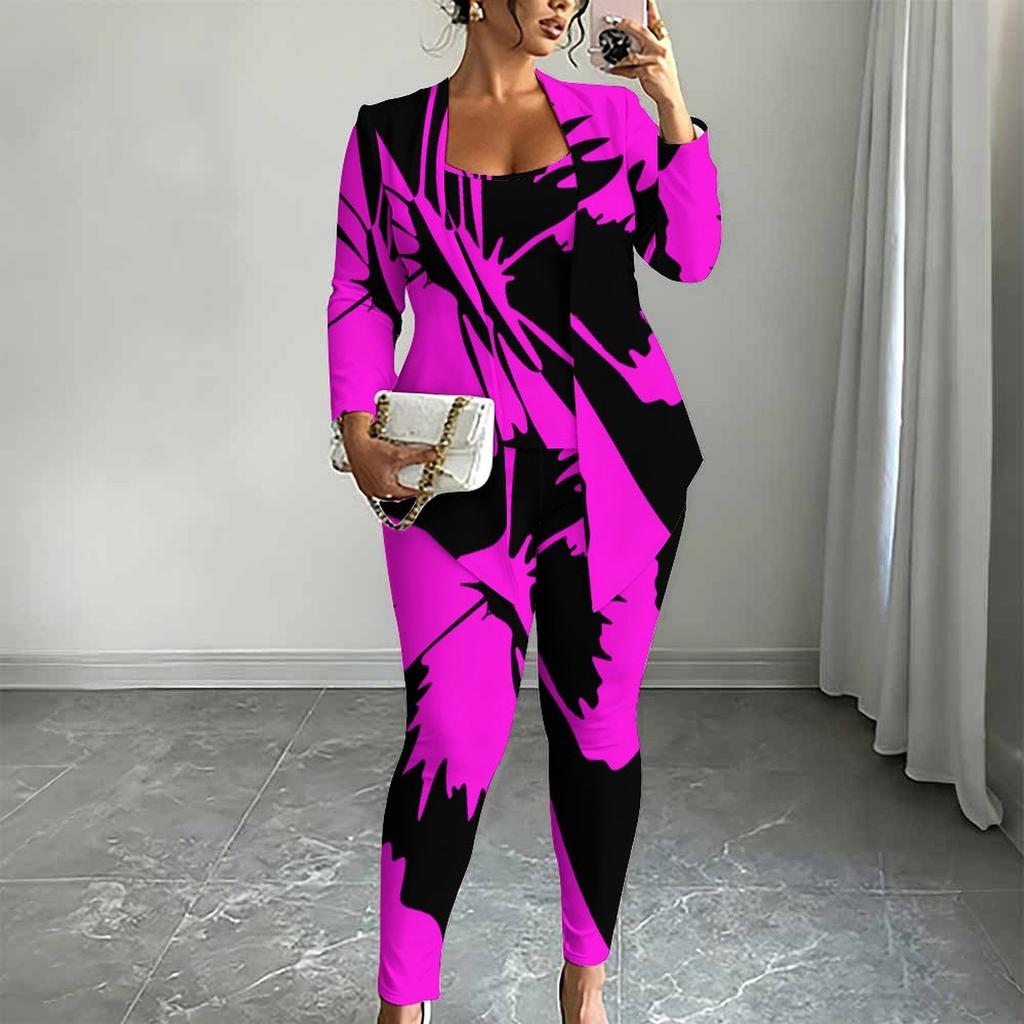 Plus Size Butterfly Print 3 Piece Outfit, Long Sleeve Open Front Cardigan Cami Top Leggings Set for Women
