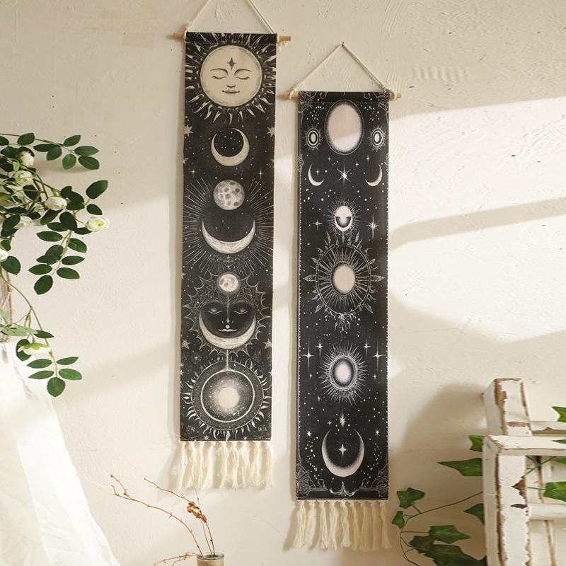 1pcs Bohemian Sun Moon Printed Tapestry Hand-Woven Fringe Wall Hanging Minimalist Home Living Room Background Wall Decor