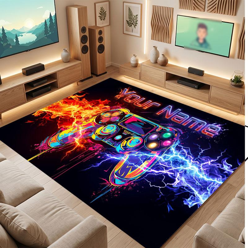 Game Controller Theme Crystal Velvet Floor Rug Personalized Custom Name Text Warm Carpet Home Decoration