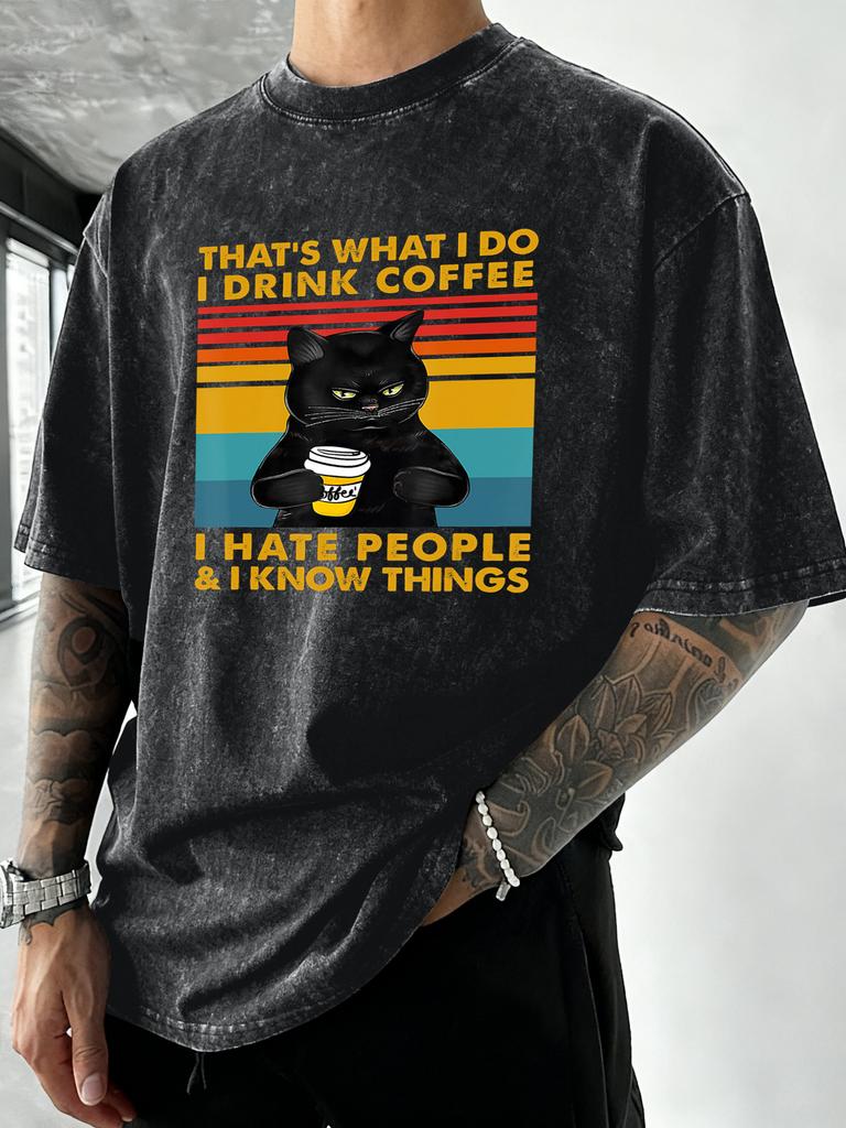Cat Like Coffee Hate People Printed Washed T Shirts Soft Breathable TShirt Cotton Loose Short Sleeves Running Men Clothes