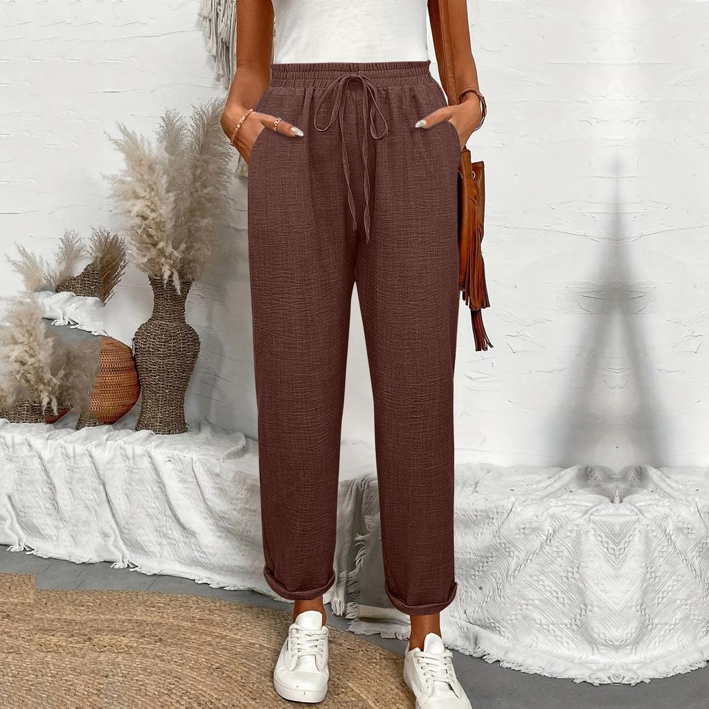 Drawstring Waist Slant Pockets Pants Casual Loose Tapered Pants For Spring  Summer  Women's Clothing