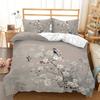 3pcs Elegant Blossom Bird Bedding Duvet Cover Set Japanese Style Bedding Quilt Set Soft Spring Themed Bed Quilt Set Grey Floral