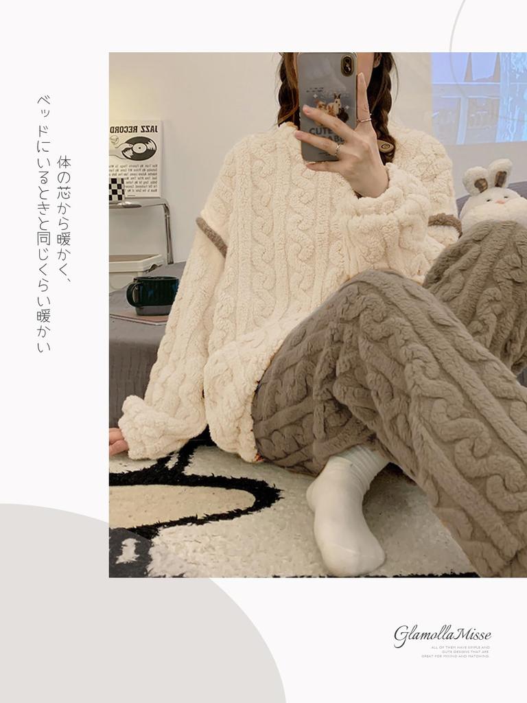 GlamollaMisse Fluffy Loungewear Warm Flannel Pajamas with a Cute Cable Round Long and Perfect for Loungewear and Indoor Perfect for Fall and Winter