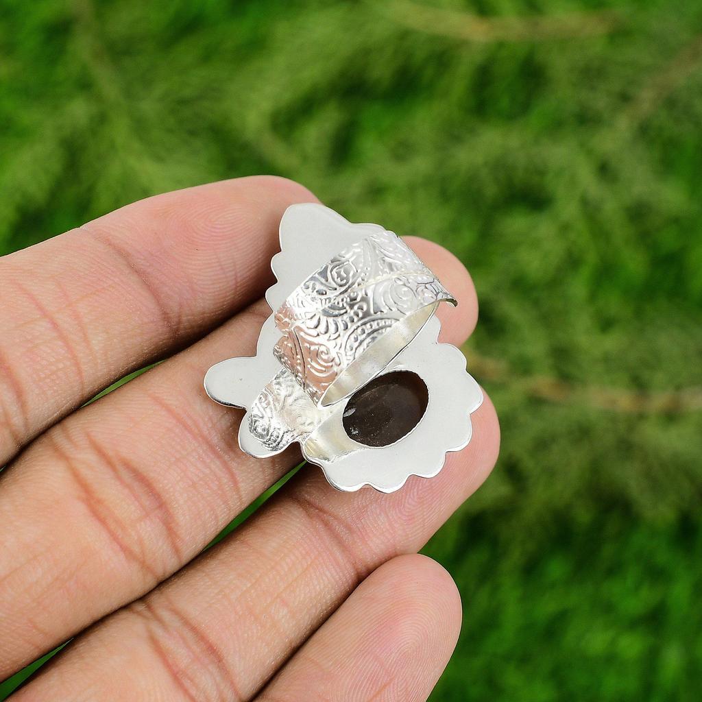Gift For Her Natural Smoky Quartz Stackable Adjustable Ring 925 Silver