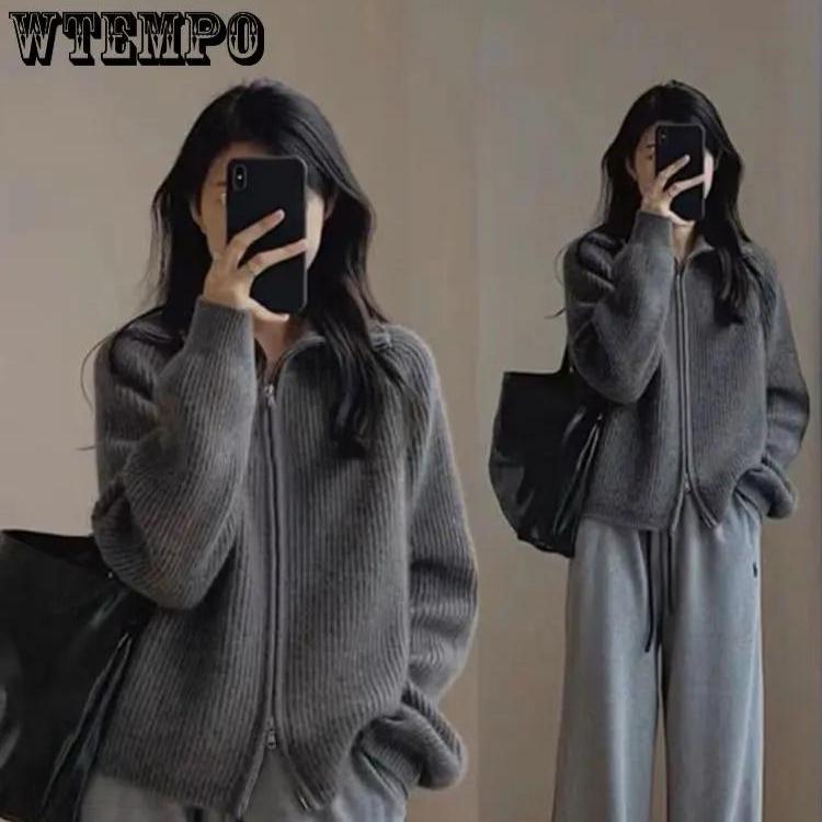 WTEMPO Long Sleeve Knit Sweater Women Spring Autumn Retro Korean Style Lapel Zip-up Knit cardigan Loose Thickened Outerwear