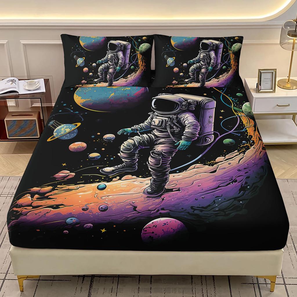 Cat Astronaut Pattern Mattress Three-Piece Digital Printing Mattress Bedding Set Adult Children