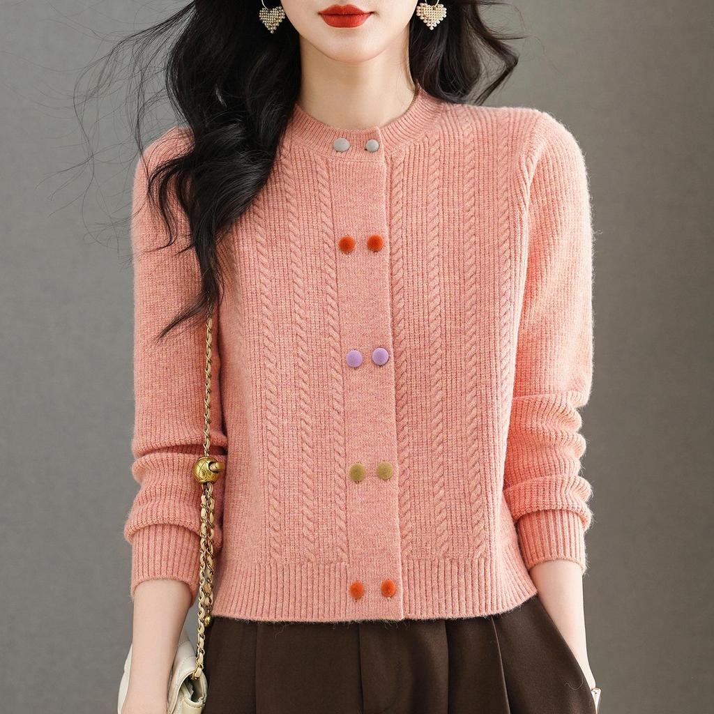 Women's Wool Knit Cardigan - Autumn 2025, Round Neck, Colorful Buttons, Short Sweater Coat