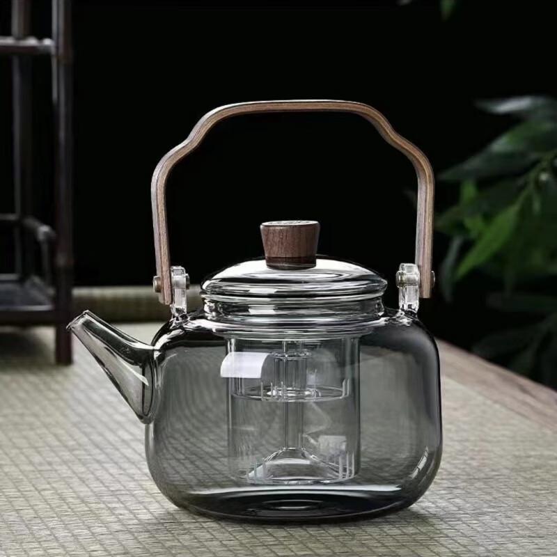 Transparent Black Glass Teapot with Walnut Wood Handle