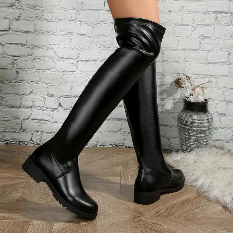 Fashion Sexy Solid Black Pu Knee-High Boots Women 2025 Autumn Fashion Slip On Wrinkle Elastic Boots Comfort Medium Heel Jazz Shoes
