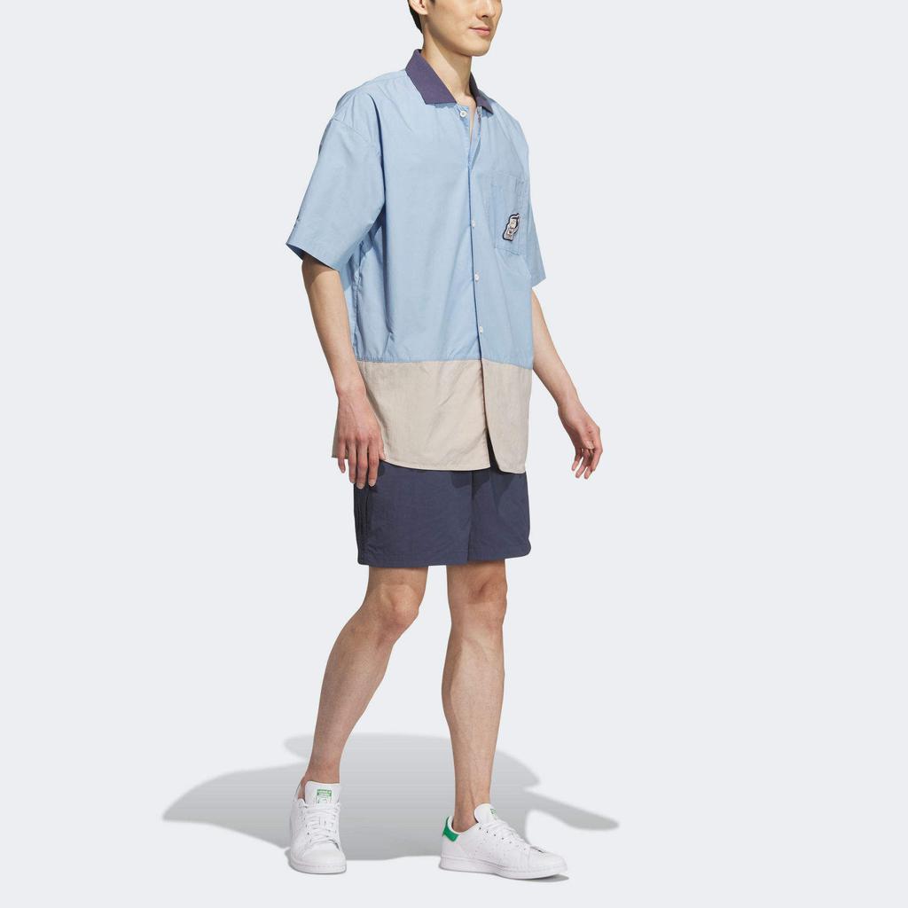 Adidas Originals Trefoil Logo Print Patchwork Loose Short Sleeve Shirt Men Tops Light-Blue IS0635