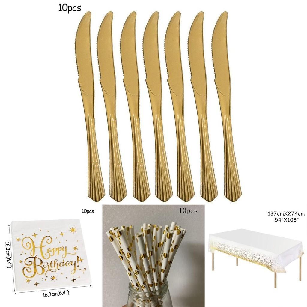 Elegant Gold Polka Dot Stamping Happy Birthday Party Decor Supplies Disposable Tableware Set