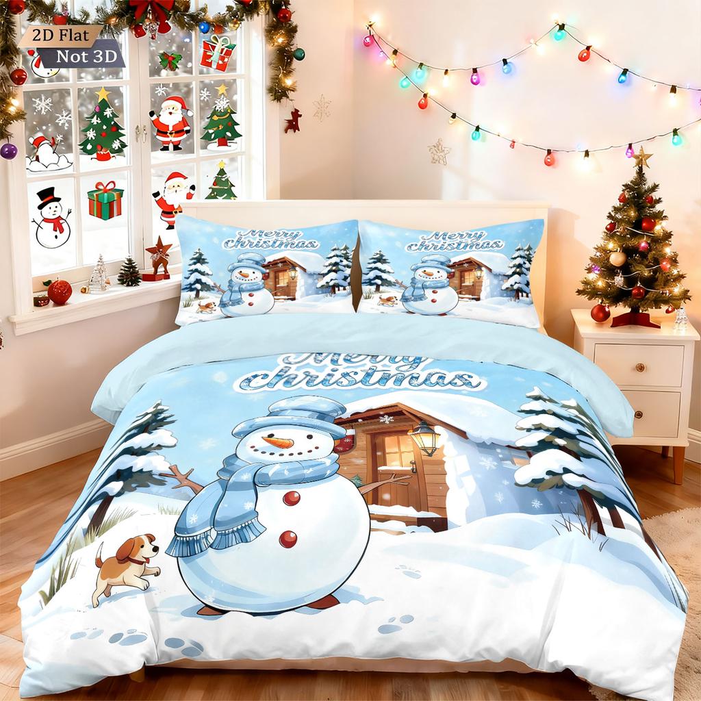 3pcs Merry Christmas Snowman Print Coreless Duvet Cover Set Multi Size Dormitory Bedding Holiday Decoration Machine Washable
