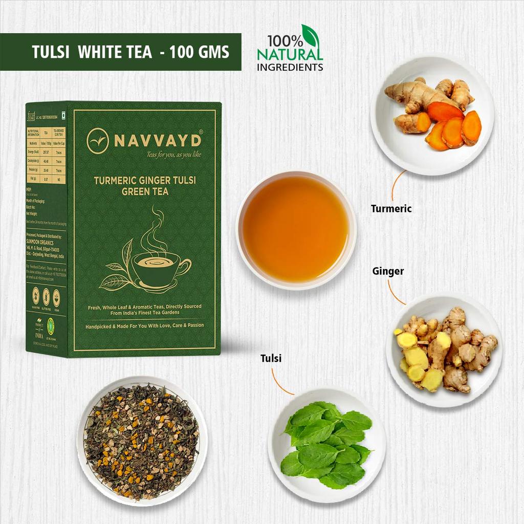 Navvayd Turmeric Ginger Tulsi Green Tea (100 Gm 50 Cups), Super food Turmeric Tea, Ayurveda Blend