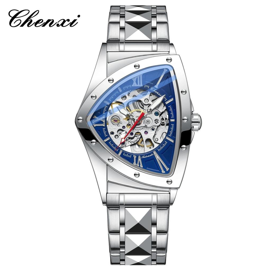 CHENXI Men's Triangle Skeleton Mechanical Watch Unique Design Water Resistant Luminous Stainless Steel/Black Leather Strap Business Watches