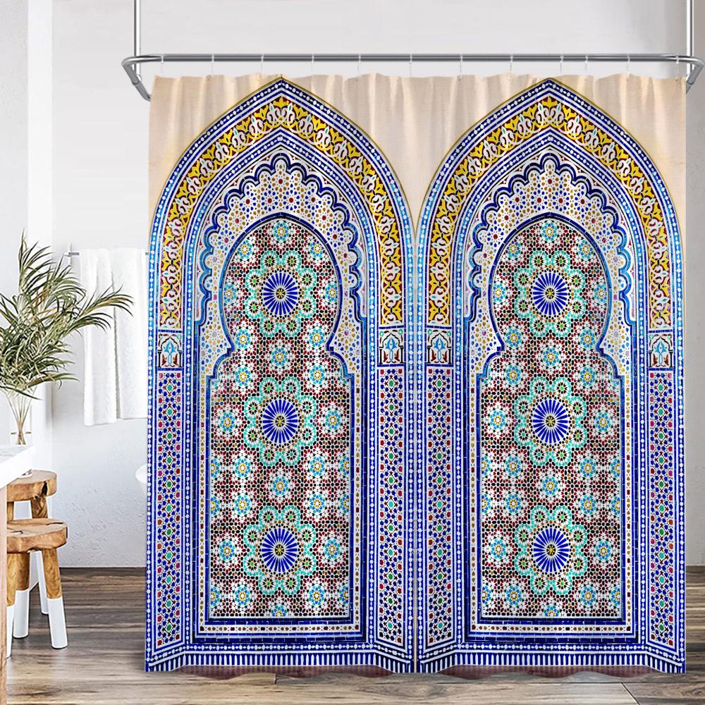 3D Moroccan Vintage Shower Curtain Aged Gate Geometric Pattern Doorway Design Entrance Architectural Oriental Style Bathroom Cur