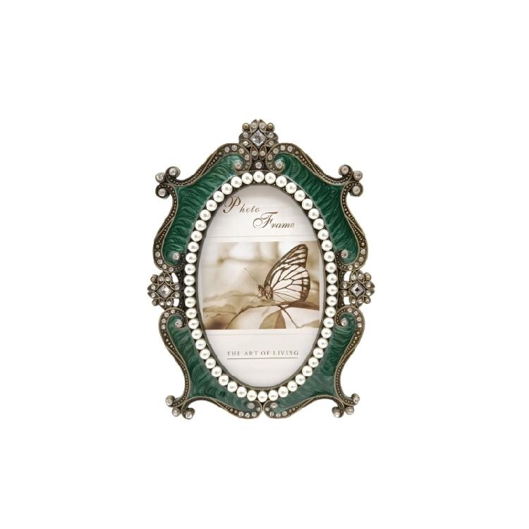 

Oval Shape Ornate Antique Photo Frame With Pearls And Crystal Decorations Tabletop Display Picture Frame For Gifting 6 inch зелений