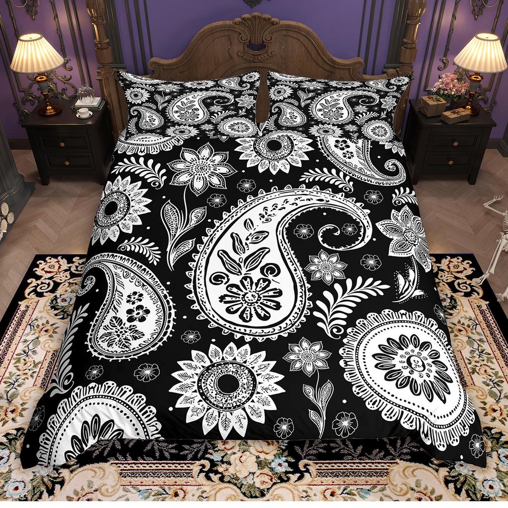 Homewish Western Bohemian Sada povlaku na přikrývku 2ks/3ks, Sada povlaku na přikrývku s paisley damaškovým vzorem, Hippie Vintage ložní souprava