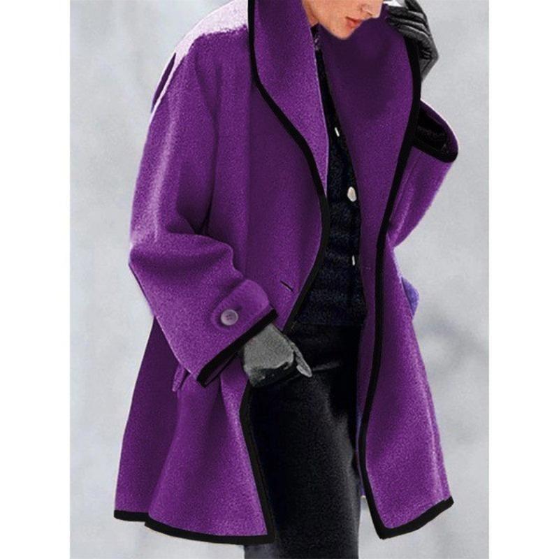 Damenmode Herbst Winter Mehrfarbig Rundhals Locker Kapuzenwollmantel Colorblock Kante WCoat