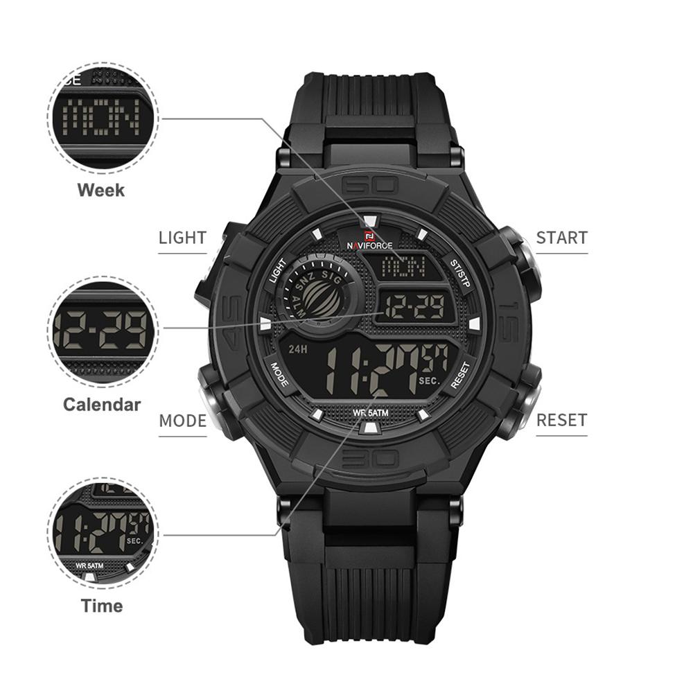 Naviforce Men LCD Watch Ditital Movement Lightweight Silicone Strap 50m Waterproof Calendar Date Alarm Night Pattern Boy Gift Watch NF7131
