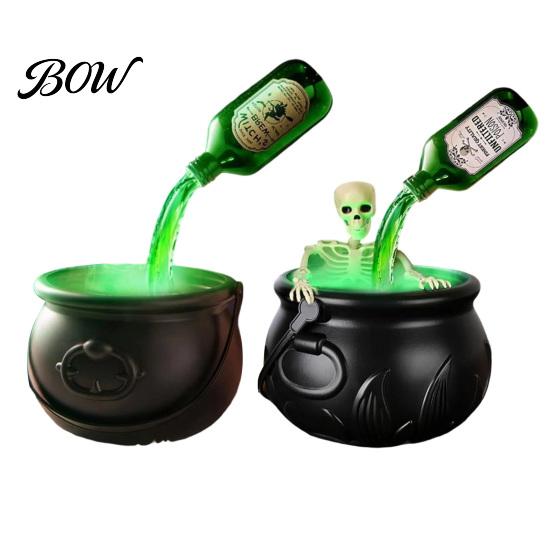 Dark Fantasy Cauldron Halloween Witch Cauldron, Large Plastic Black Bucket with Floating Potion Bottle, Glowing Green Smoke Spooky Soup Pot Decor for