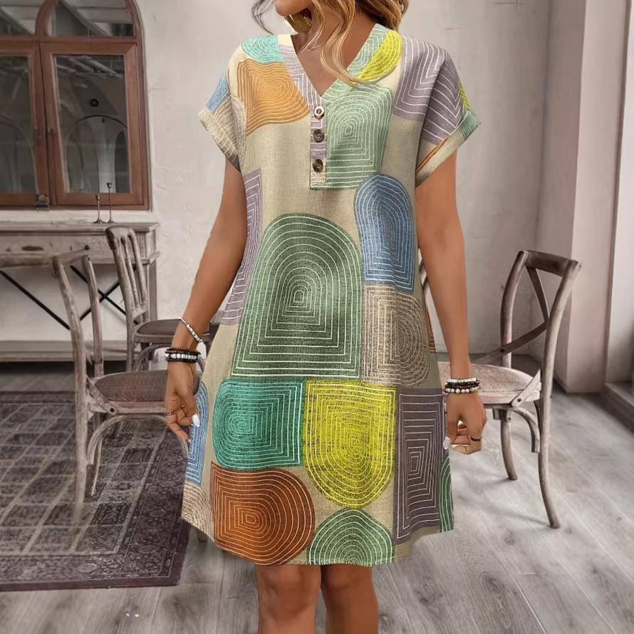 2026 European and American women's clothing explosive summer geometric printing V-neck button dress