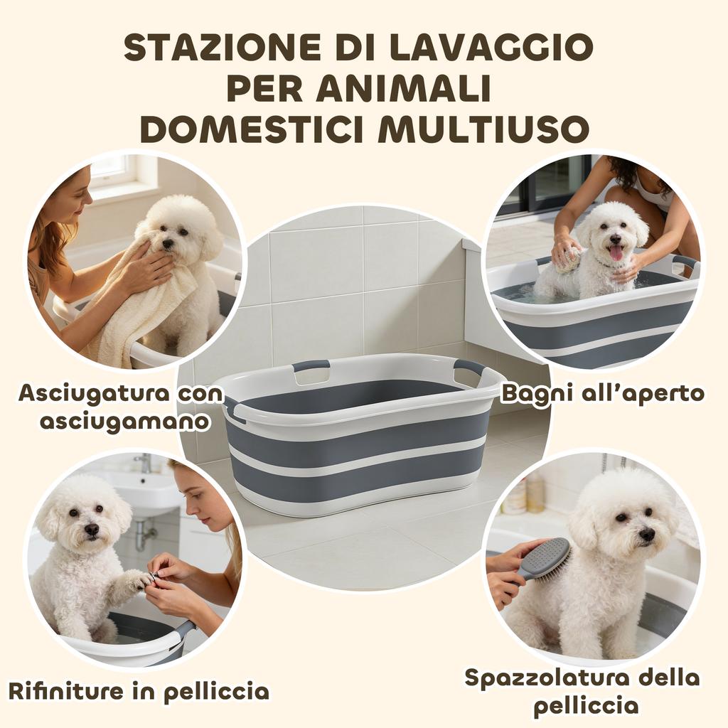 Dog Bathtub, Foldable Portable Bathtub with Drain Hole, for Small Breed Dogs and Puppies, Grey