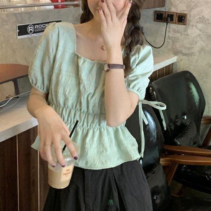 Fashionable Puff Sleeve Drawstring Blouse Korean Solid Summer New Square Collar Sweet Elegant Short Shirts