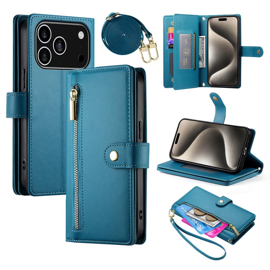 For iPhone 17 Pro Case Zipper Pocket Wallet Leather Phone Cover with Straps