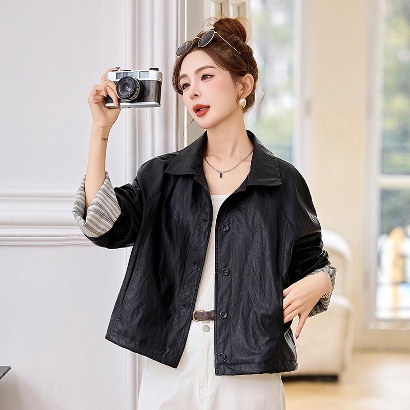 Women's Retro High-End Black Leather Jacket with Spliced Cuffs - Spring 2025 Collection (YB8859)