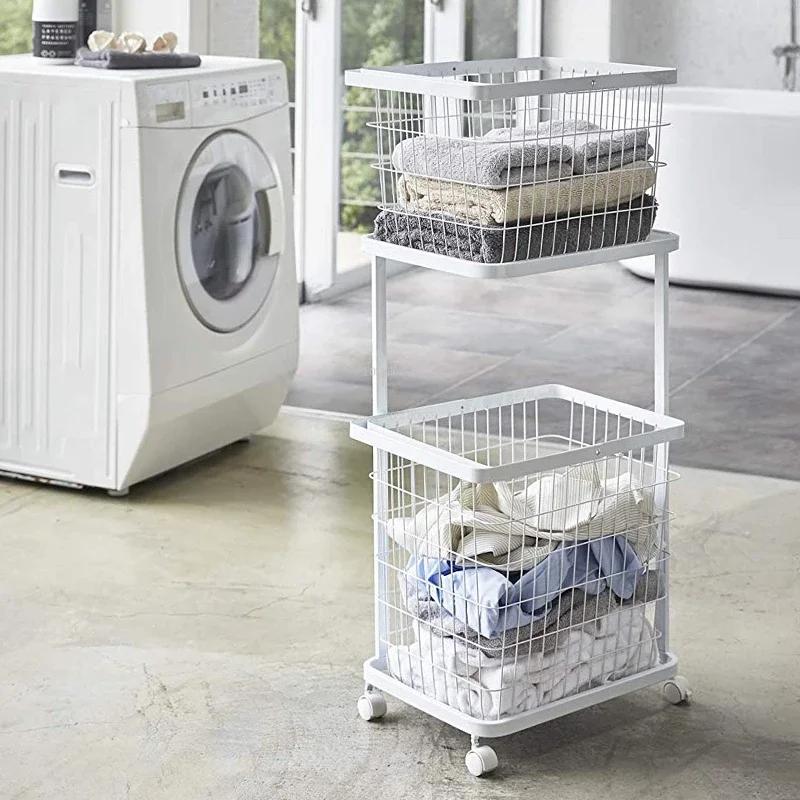 For Laundry Baskets Iron Dirty Clothes Basket with Wheels Change Clothes Basket Household Bathroom Double Layer Storage Shelf