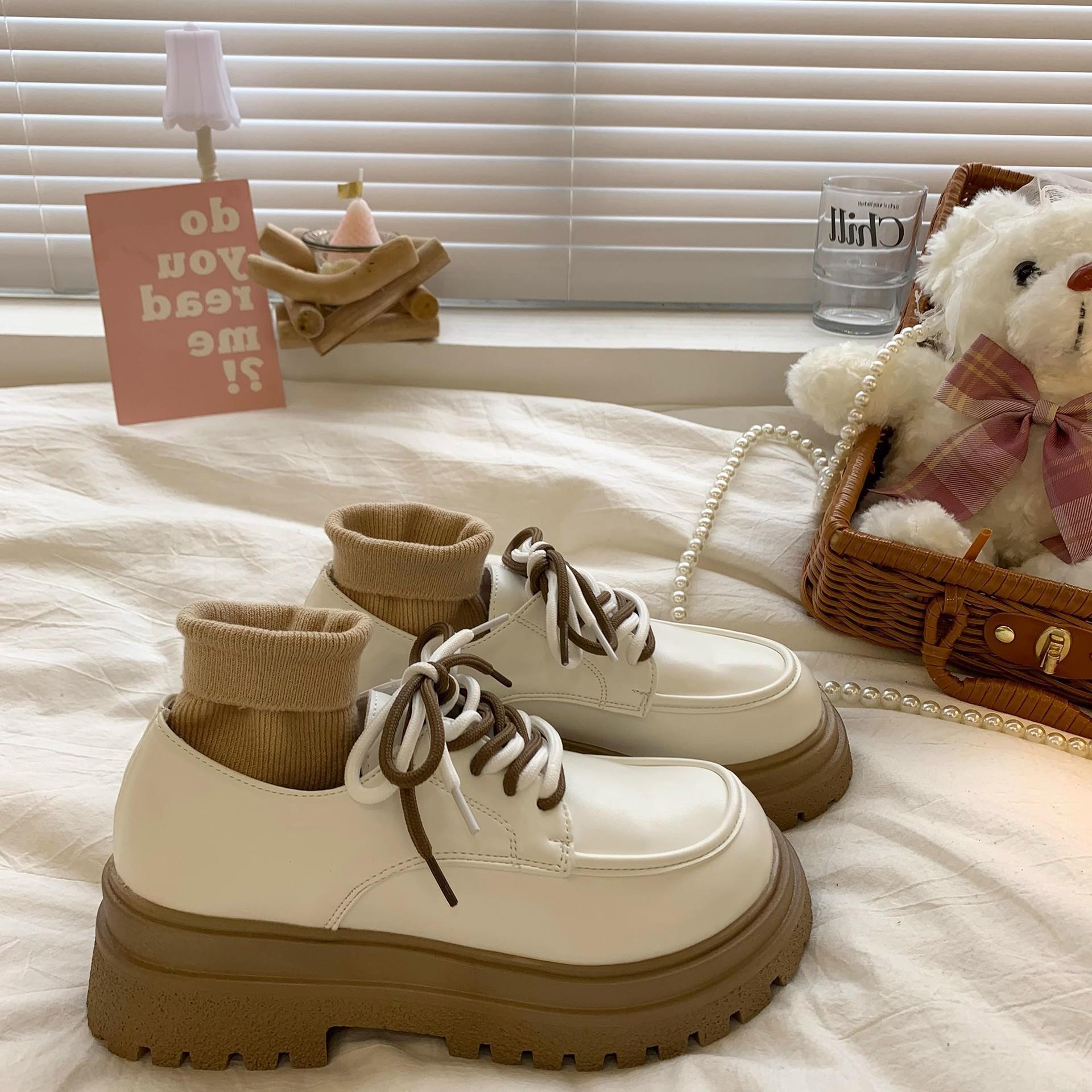 

New Spring and Autumn Japanese heightening loafers women s platform-soled versatile British small leather shoes soft-soled college style lace-up new 40