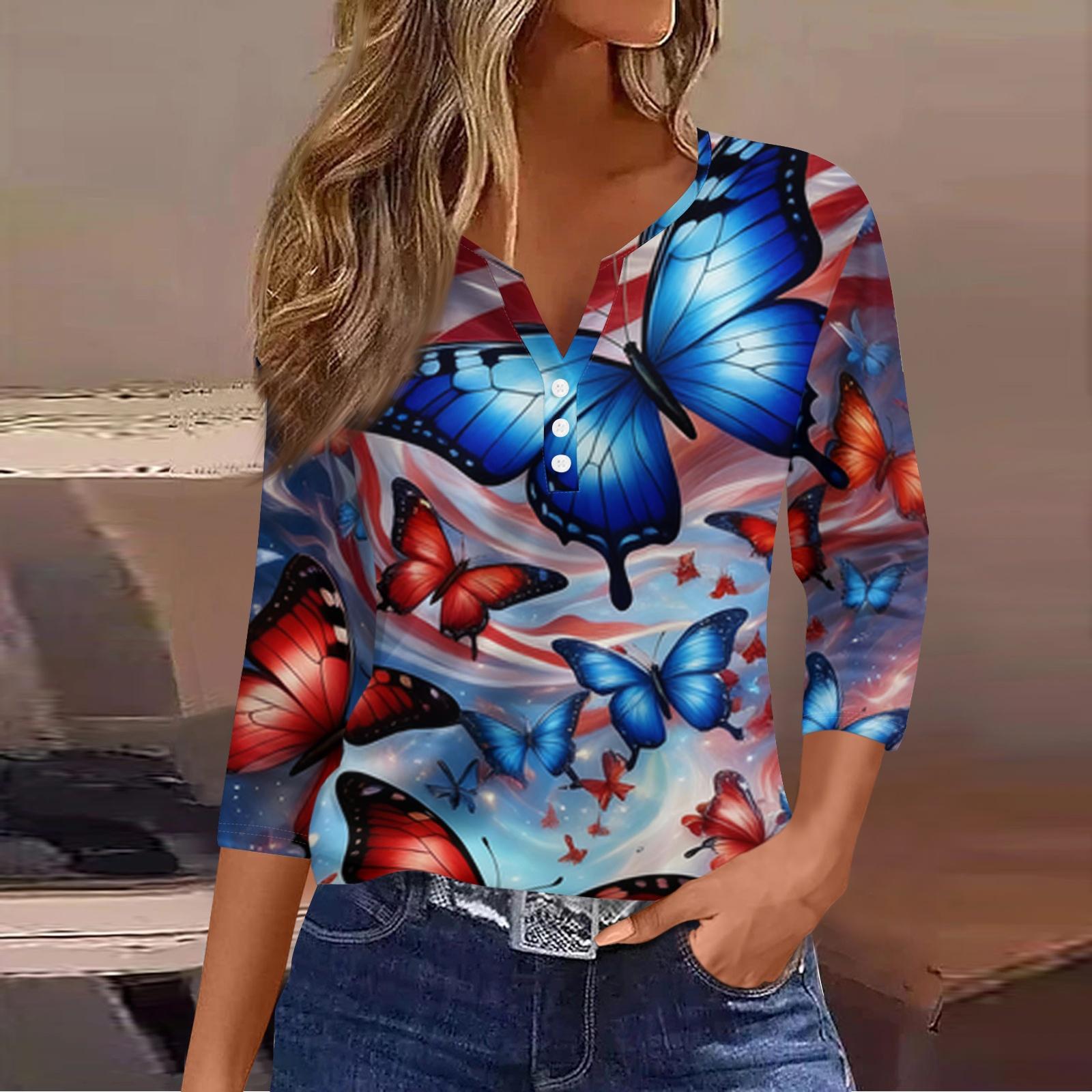 

Women s Fashion Casual Independence Day American Flag Stars and Stripes Print Collar V-Neck Three-Quarter Sleeve Decorative Button-Up T-Shirt Top L синий