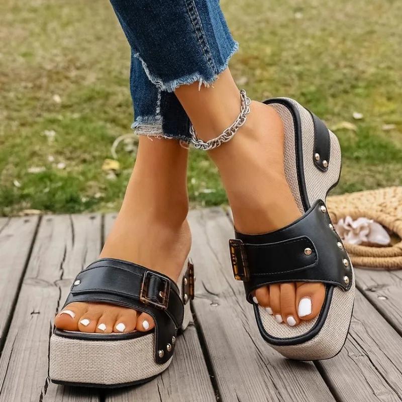 Women's Square Head Open Toe Rivet Metal Buckle Waterproof Platform Non-slip Square Heels Super High Heel Sandals