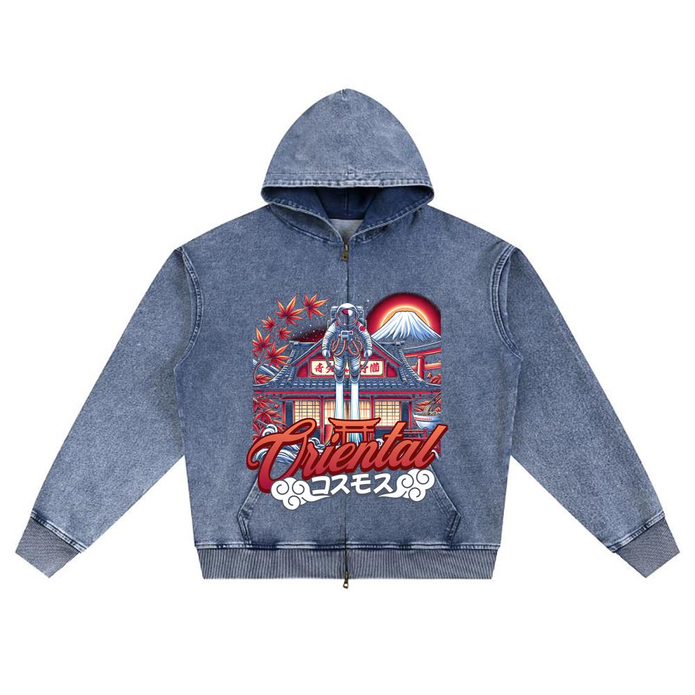 DTG Print Knitted Denim Zip-Up Hoodie Japan Samurai Brother Print Zipper Hoodies  