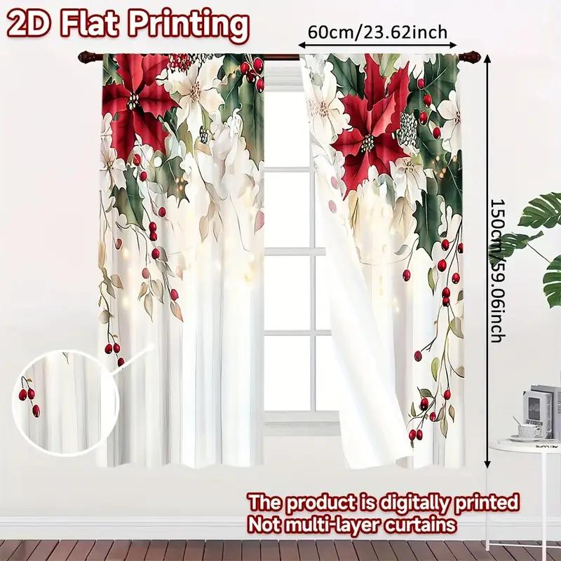 2pcs Charming Poinsettia Pattern Curtains   Romantic Design Light - Filtering Polyester Curtains for Christmas Home Windows
