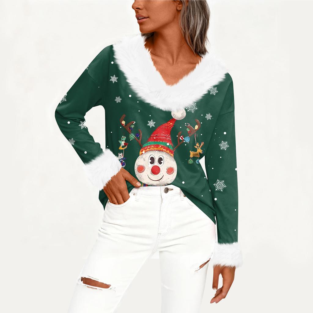 Women's T Shirt Tee Christmas Shirt Long Sleeve Party Christmas Print Fleece Collar V Neck Top
