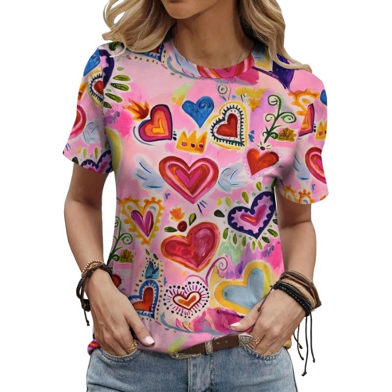 Valentinstag Damen T-Shirt Liebesherz Druck Sommer O-Ausschnitt Kurzarm Top Outdoor Casual T-Shirt Damen Übergröße Kleidung