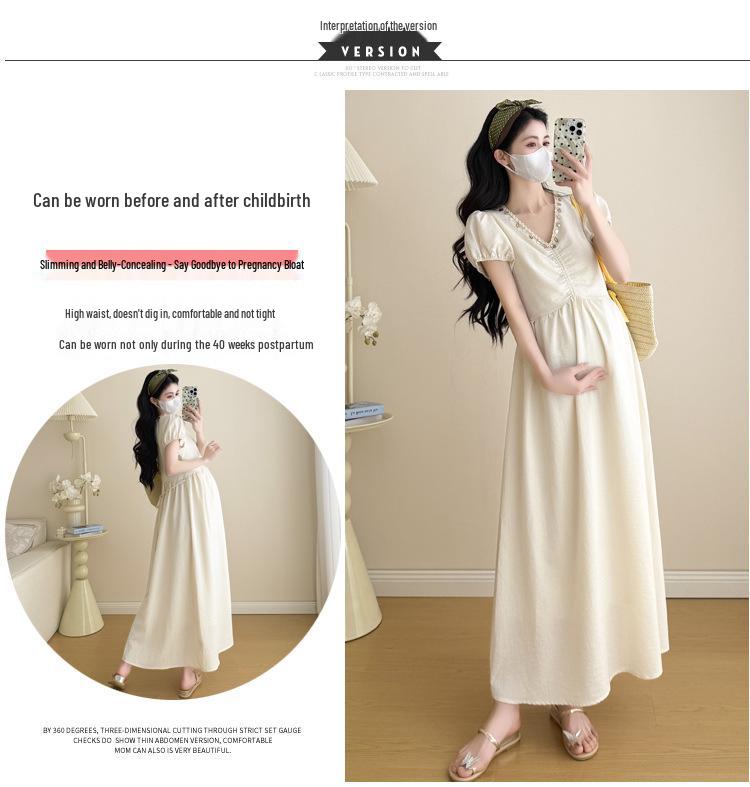2026 Summer Maternity Dress: Elegant Neckline with Sequins, Loose Fit
