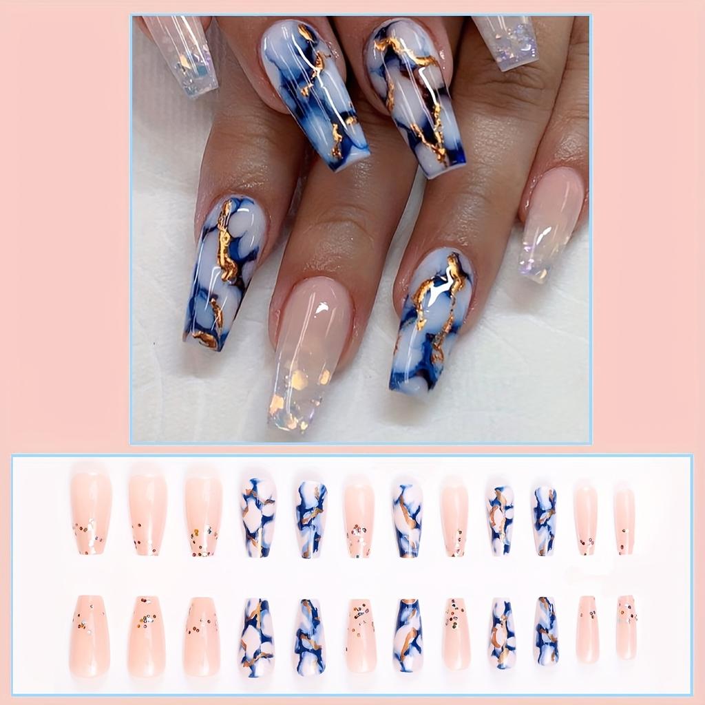 24 Stück Glänzende Blaue Marmoroptik Aufdrücknägel mit Goldfolien-Design und Glänzendem Rosa Kleber - Vollständige Abdeckung Mittel Lange Sarg-Ballett Falsche Nägel