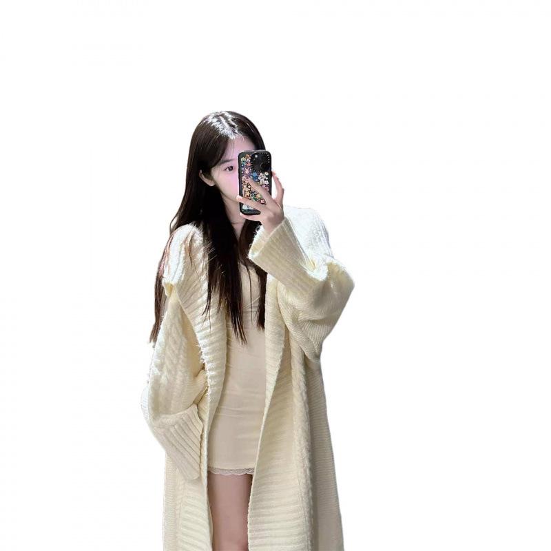 Women's Autumn Winter Knit Cardigan: Korean Style, Large Lapel, Mid-Length, Loose Fit, High-End Casual Sweater.