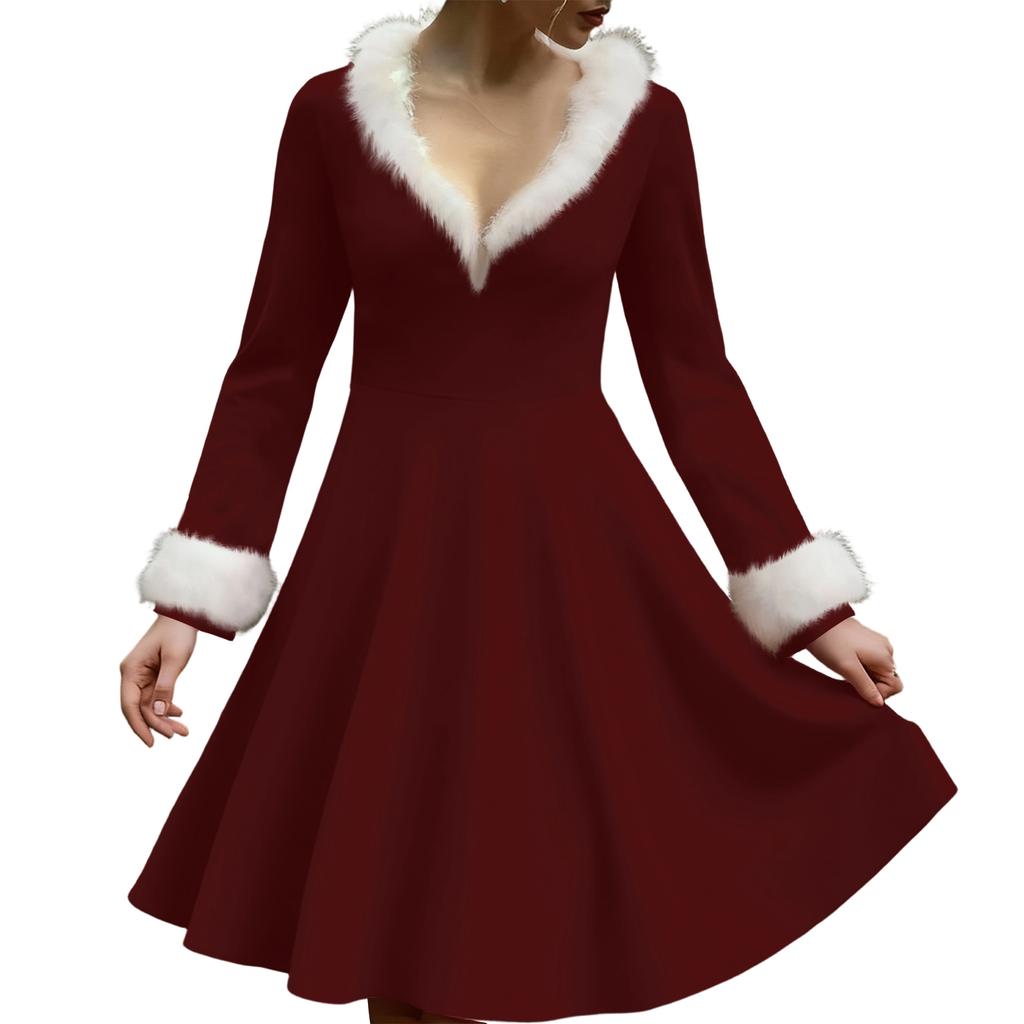 Women's Casual V-neck Christmas Print Plush Long-Sleeve Casual Dress