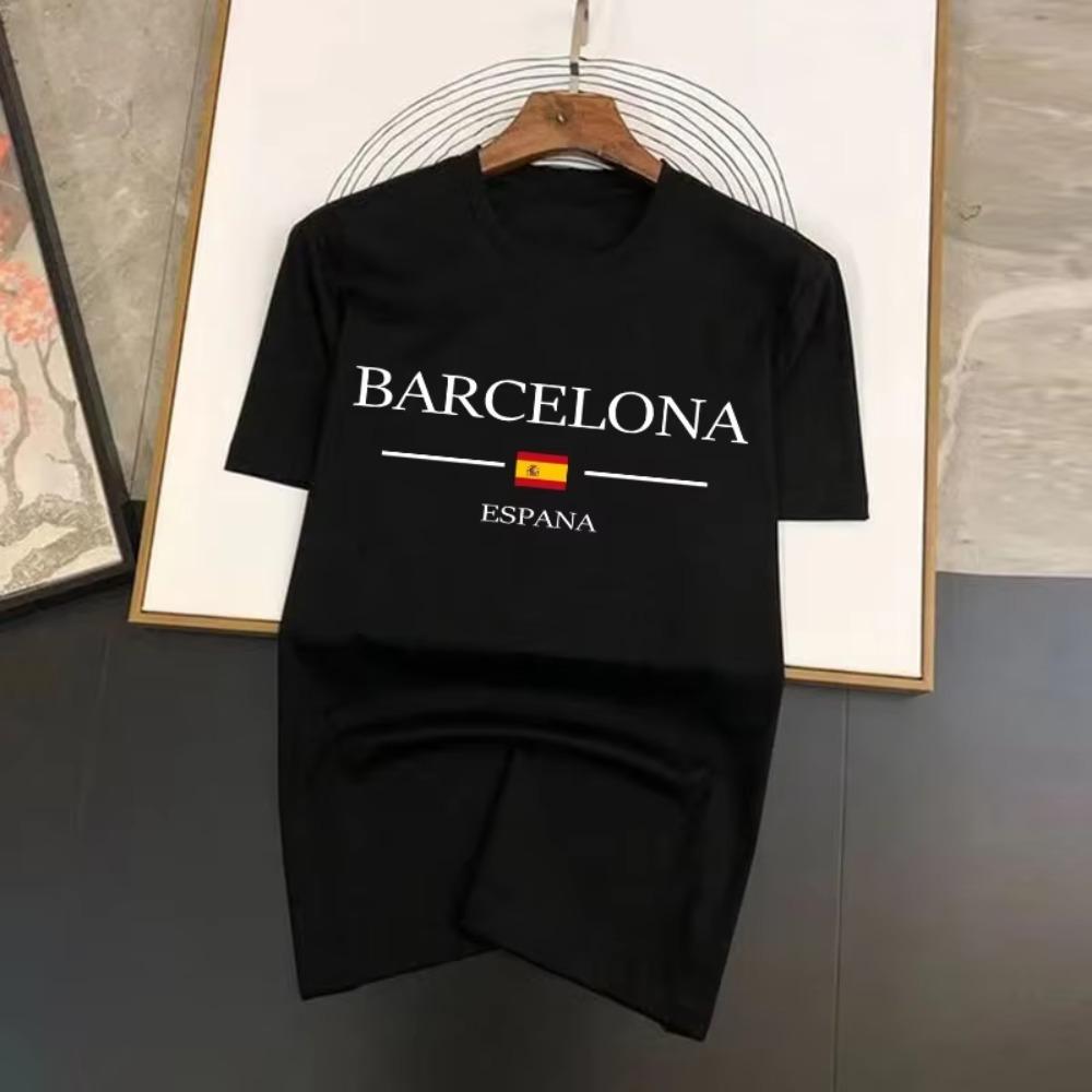 Pánské letní tričko s potiskem Barcelona s motivem Y2K a motivem víry Espana s krátkým rukávem, volné topy z čisté bavlny