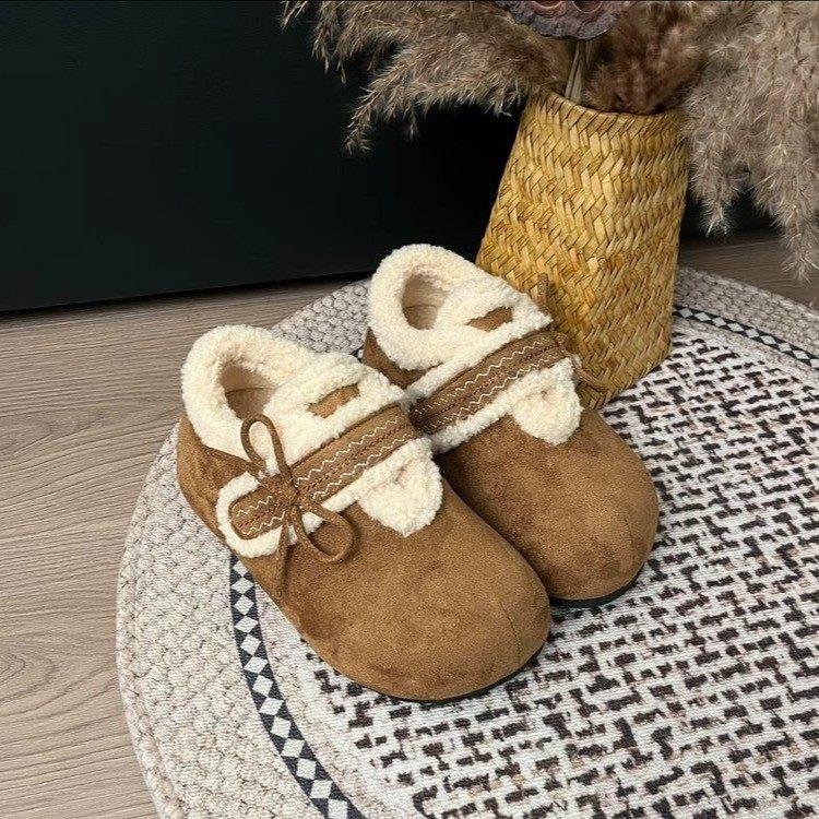 Schleife dicke Sohle Innenhöhe-erhöhend Birkenstocks Baumwollschuhe Damen Samt warmes Oberteil flauschige Mary-Jane-Schuhe