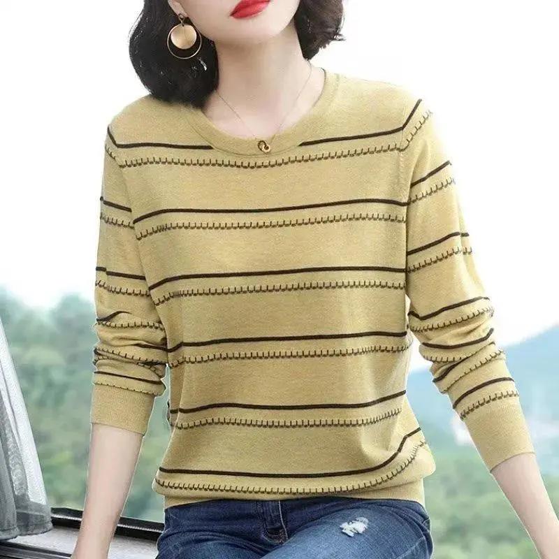 Women's Spring and Autumn Long Sleeve Knitted Shirt Loose Casual Striped Bottom Top