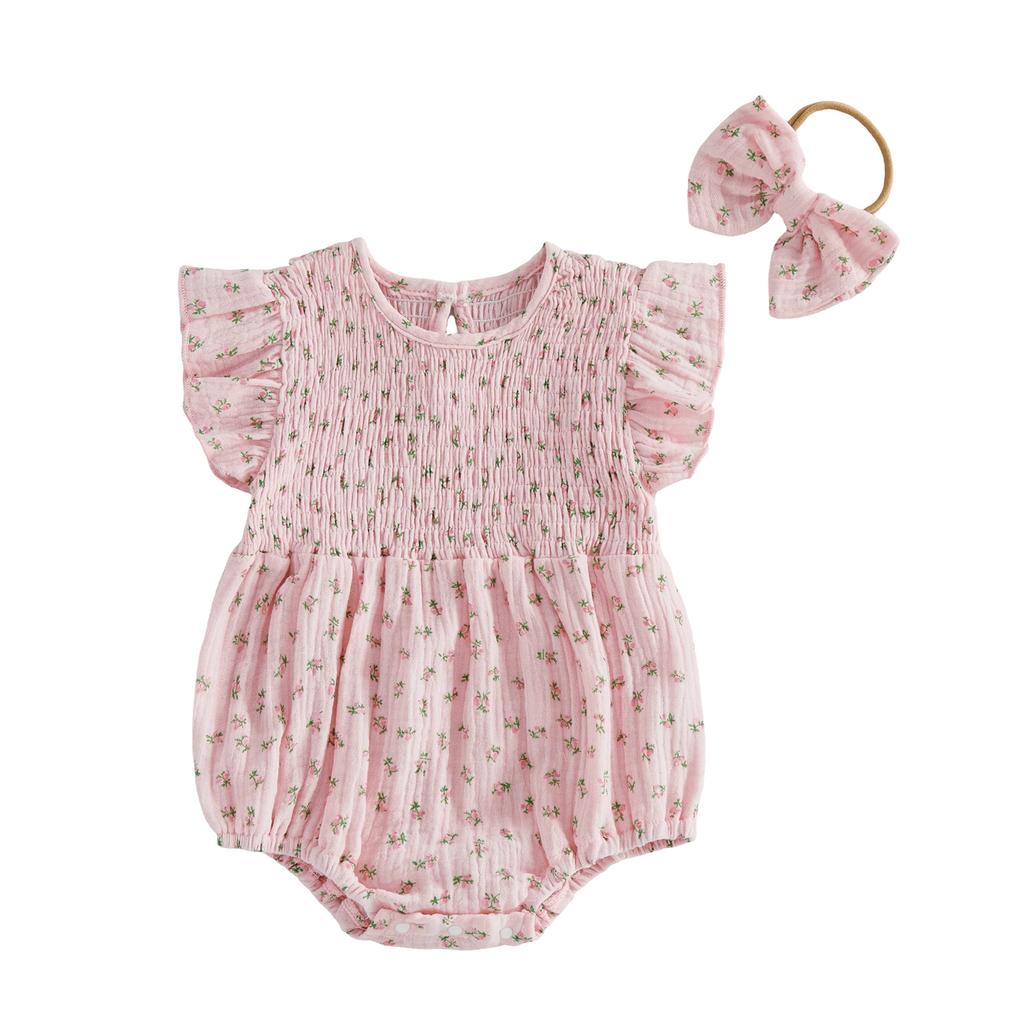 Baby Girl Summer Outfits Floral Print Smocked Crew Neck Flying Sleeve Romper and Bow Headband 2 Pcs Set