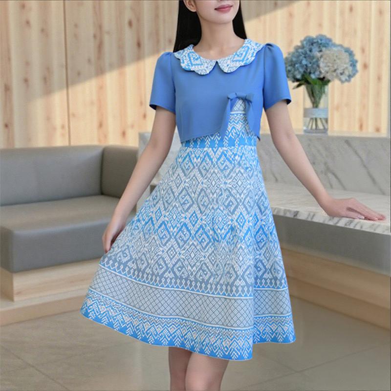 

ZANZEA Women Splice Doll Collar Casual Short Sleeve Print Dress 5XL синий