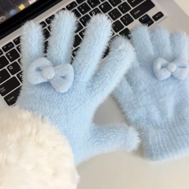 

1Pair Winter Plush Warm Thick Gloves For Women Girls Cute Solid Color Gloves Sweet Bow Mittens Student Cycling Gloves Gifts A2